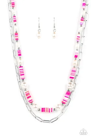 Tidal Trendsetter - Pink - Colorful Band White Pearl Paparazzi Tiered Short Necklace