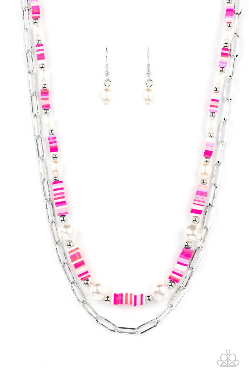 Tidal Trendsetter - Pink - Colorful Band White Pearl Paparazzi Tiered Short Necklace