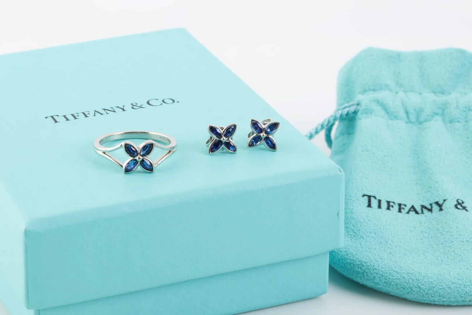 Tiffany & Co. Platinum Sapphire Victoria Earring & Ring Set Size 5.75 (4.97g.)