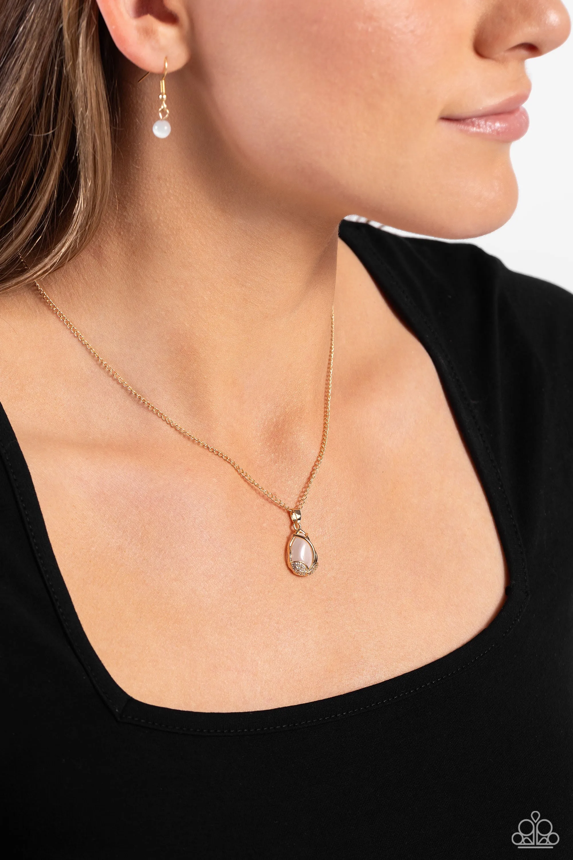 Top-Notch Trinket - Gold - White Teardrop Cat's Eye Stone Leafy Frame Dainty Paparazzi Short Necklace