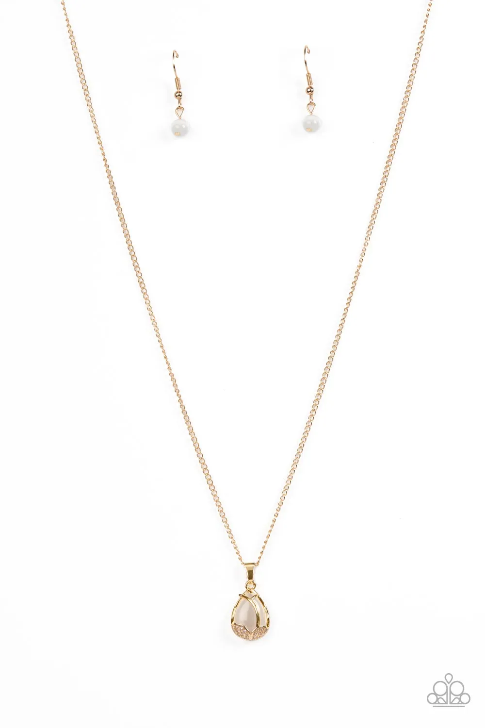 Top-Notch Trinket - Gold - White Teardrop Cat's Eye Stone Leafy Frame Dainty Paparazzi Short Necklace