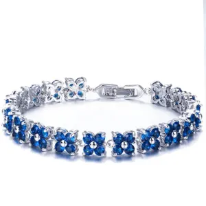 Trendy Blue Cubic Zirconia White Gold Color Flower Shape Fashion Party CZ Tennis Bracelet for Women Jewelry