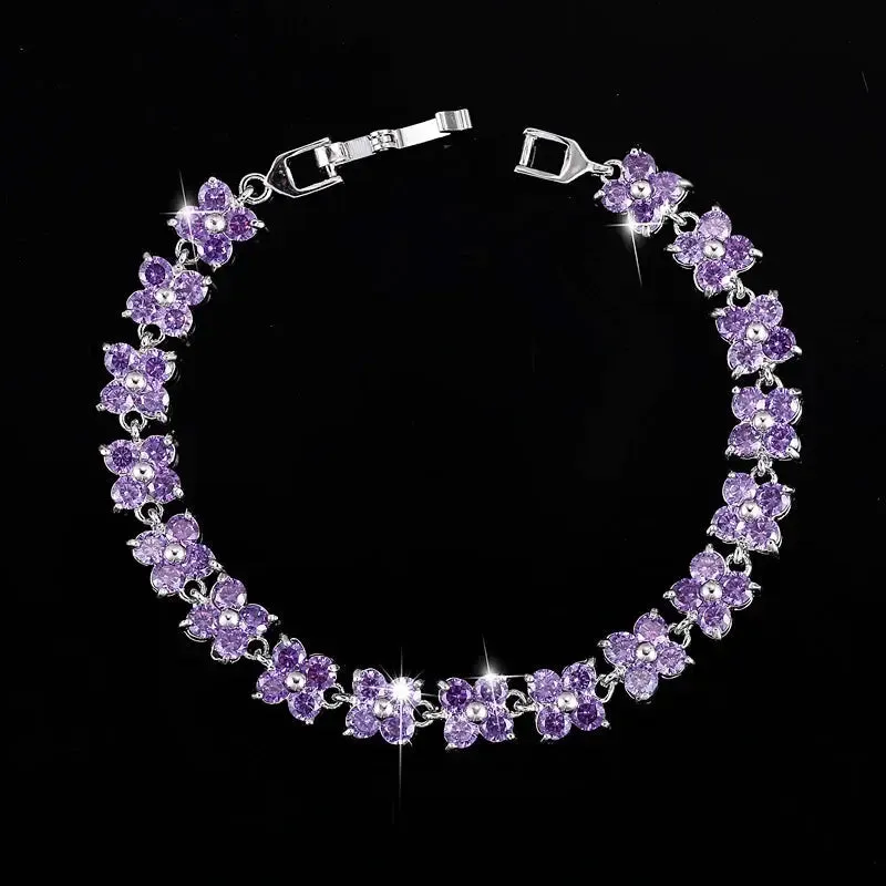 Trendy Blue Cubic Zirconia White Gold Color Flower Shape Fashion Party CZ Tennis Bracelet for Women Jewelry