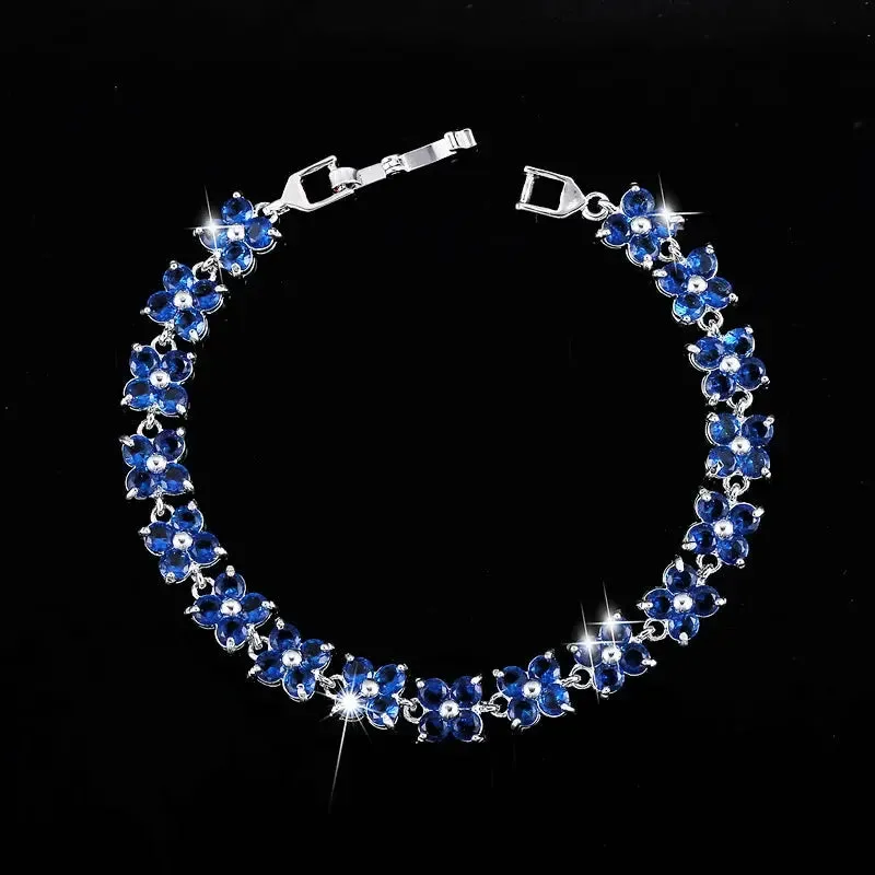 Trendy Blue Cubic Zirconia White Gold Color Flower Shape Fashion Party CZ Tennis Bracelet for Women Jewelry