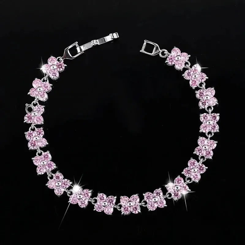 Trendy Blue Cubic Zirconia White Gold Color Flower Shape Fashion Party CZ Tennis Bracelet for Women Jewelry