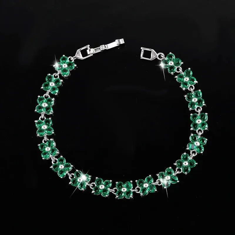 Trendy Blue Cubic Zirconia White Gold Color Flower Shape Fashion Party CZ Tennis Bracelet for Women Jewelry