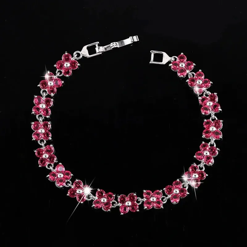 Trendy Blue Cubic Zirconia White Gold Color Flower Shape Fashion Party CZ Tennis Bracelet for Women Jewelry