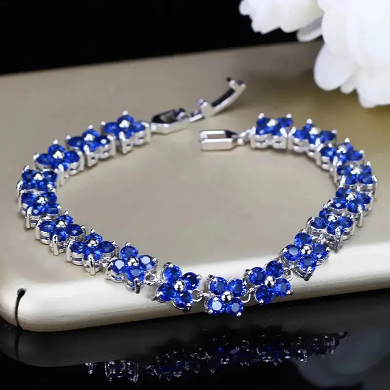 Trendy Blue Cubic Zirconia White Gold Color Flower Shape Fashion Party CZ Tennis Bracelet for Women Jewelry