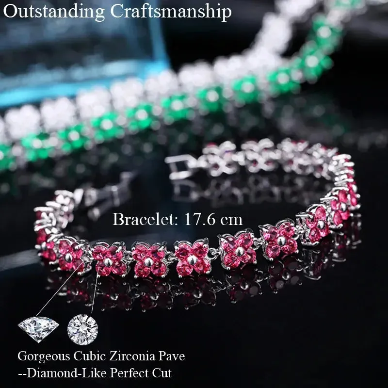 Trendy Blue Cubic Zirconia White Gold Color Flower Shape Fashion Party CZ Tennis Bracelet for Women Jewelry