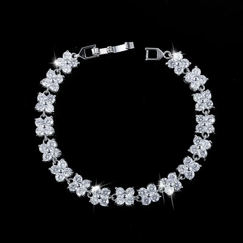 Trendy Blue Cubic Zirconia White Gold Color Flower Shape Fashion Party CZ Tennis Bracelet for Women Jewelry