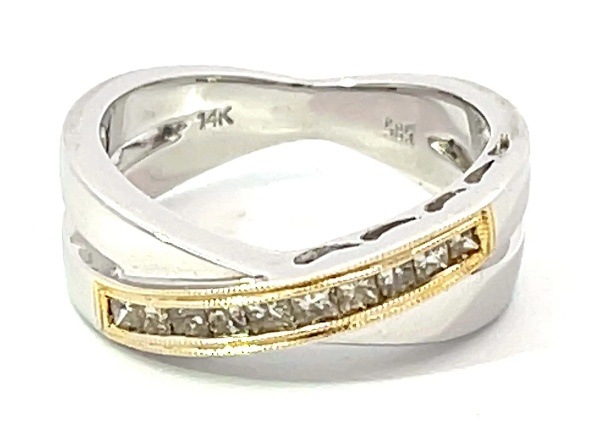 Two Tone Diamond Cross Band Ring in 14k White Gold