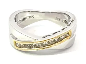 Two Tone Diamond Cross Band Ring in 14k White Gold