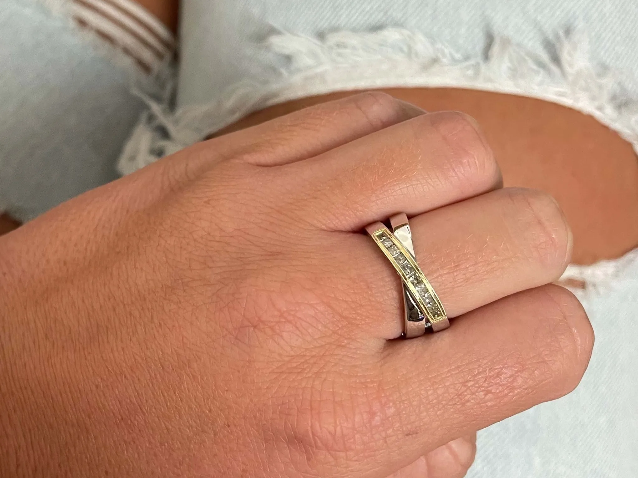 Two Tone Diamond Cross Band Ring in 14k White Gold