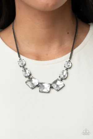 Unfiltered Confidence - Black - White Square Gem Gunmetal Paparazzi Short Necklace