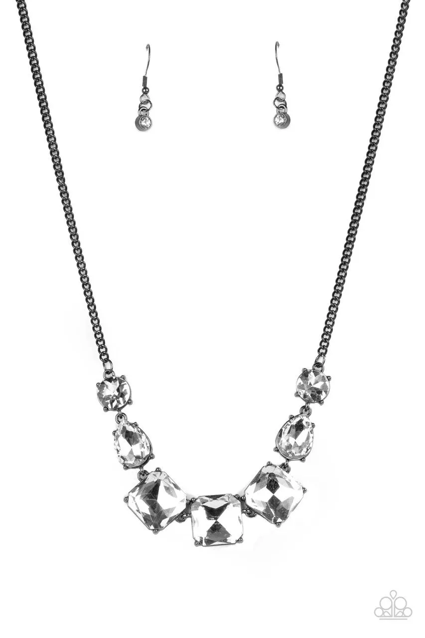 Unfiltered Confidence - Black - White Square Gem Gunmetal Paparazzi Short Necklace