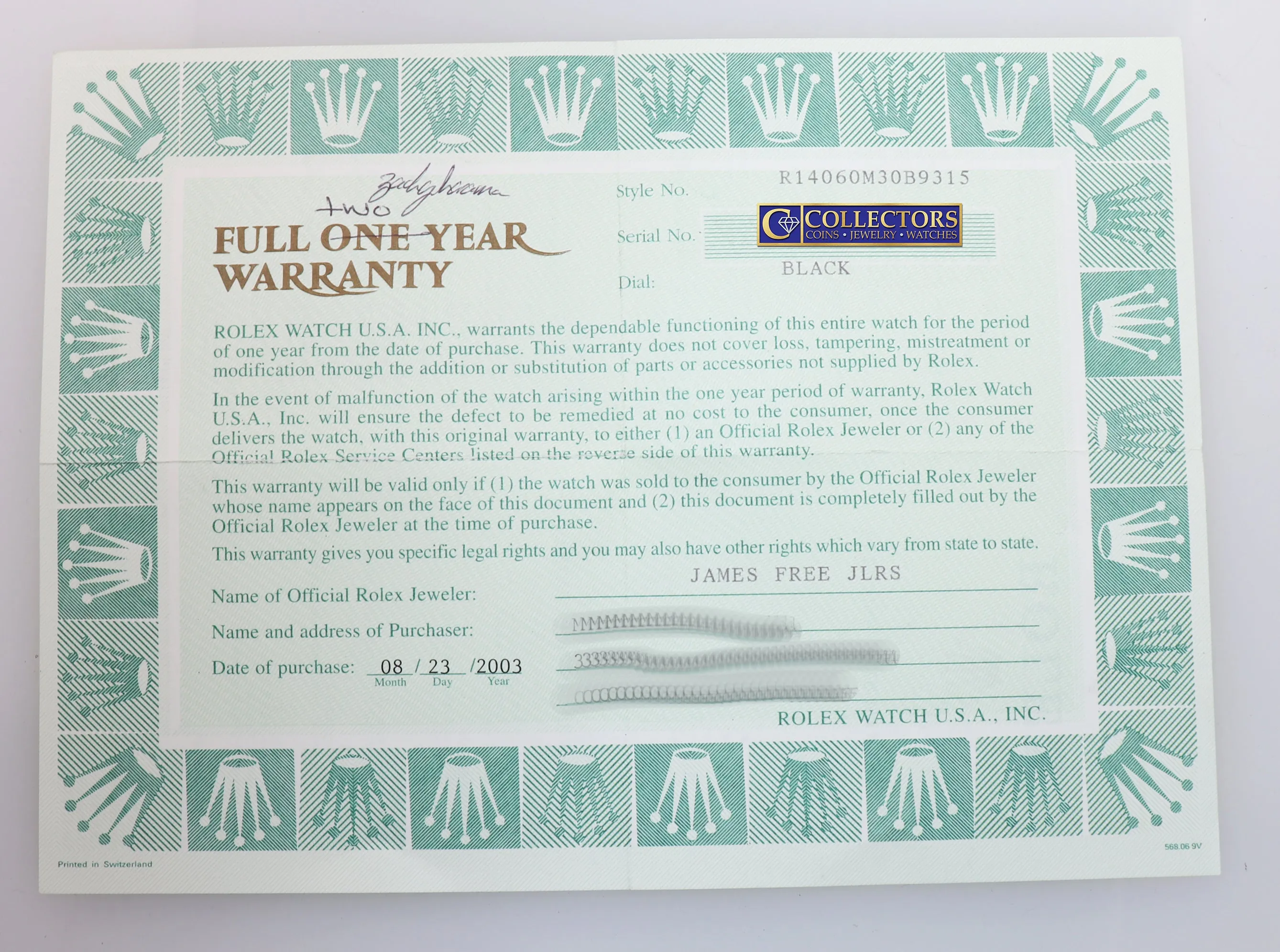 UNPOLISHED 2003 PAPERS Rolex Submariner No-Date 14060m Steel Black Watch Box