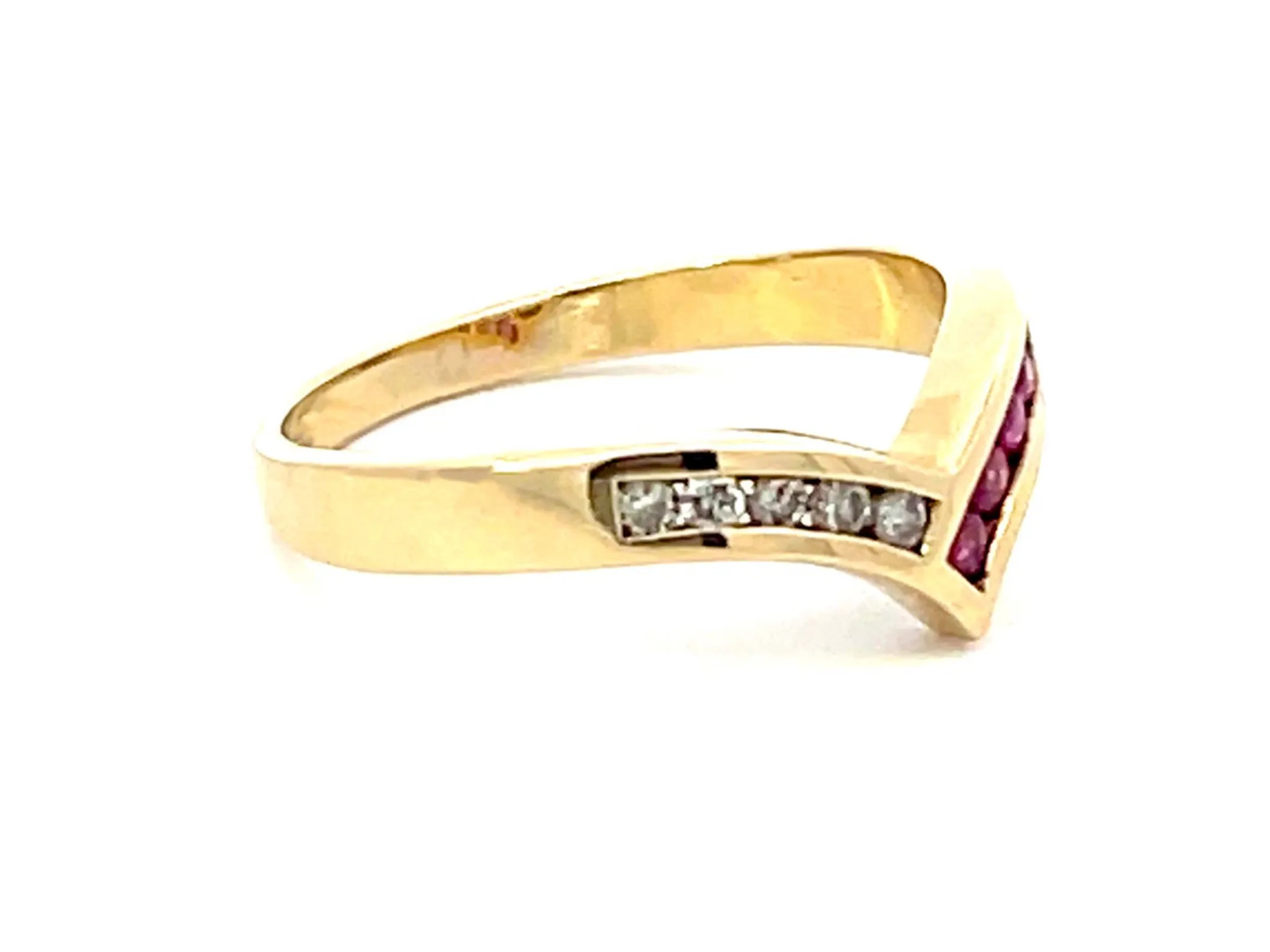 V Shaped Ruby Diamond Band Ring in 14k Yellow Gold