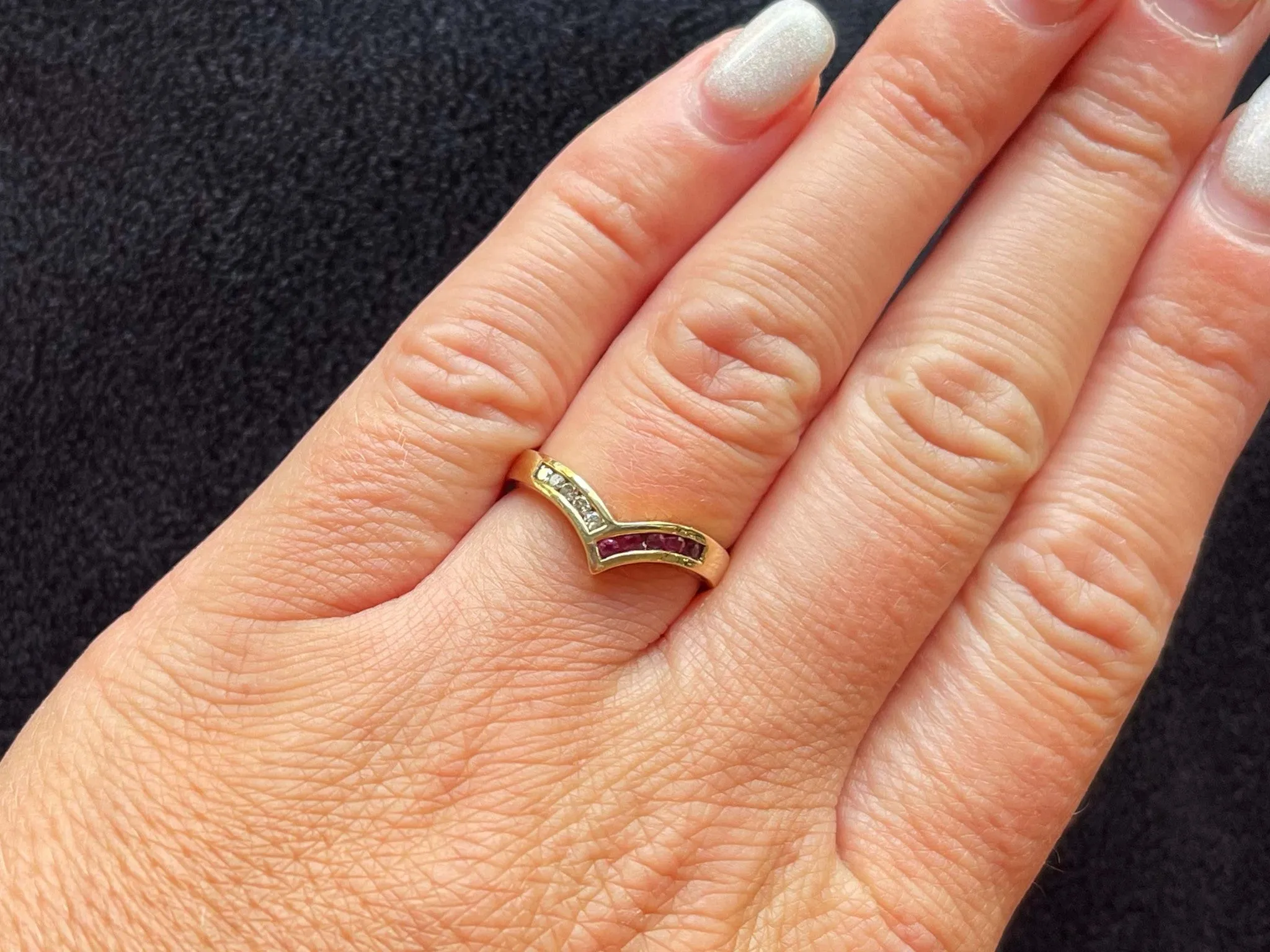 V Shaped Ruby Diamond Band Ring in 14k Yellow Gold