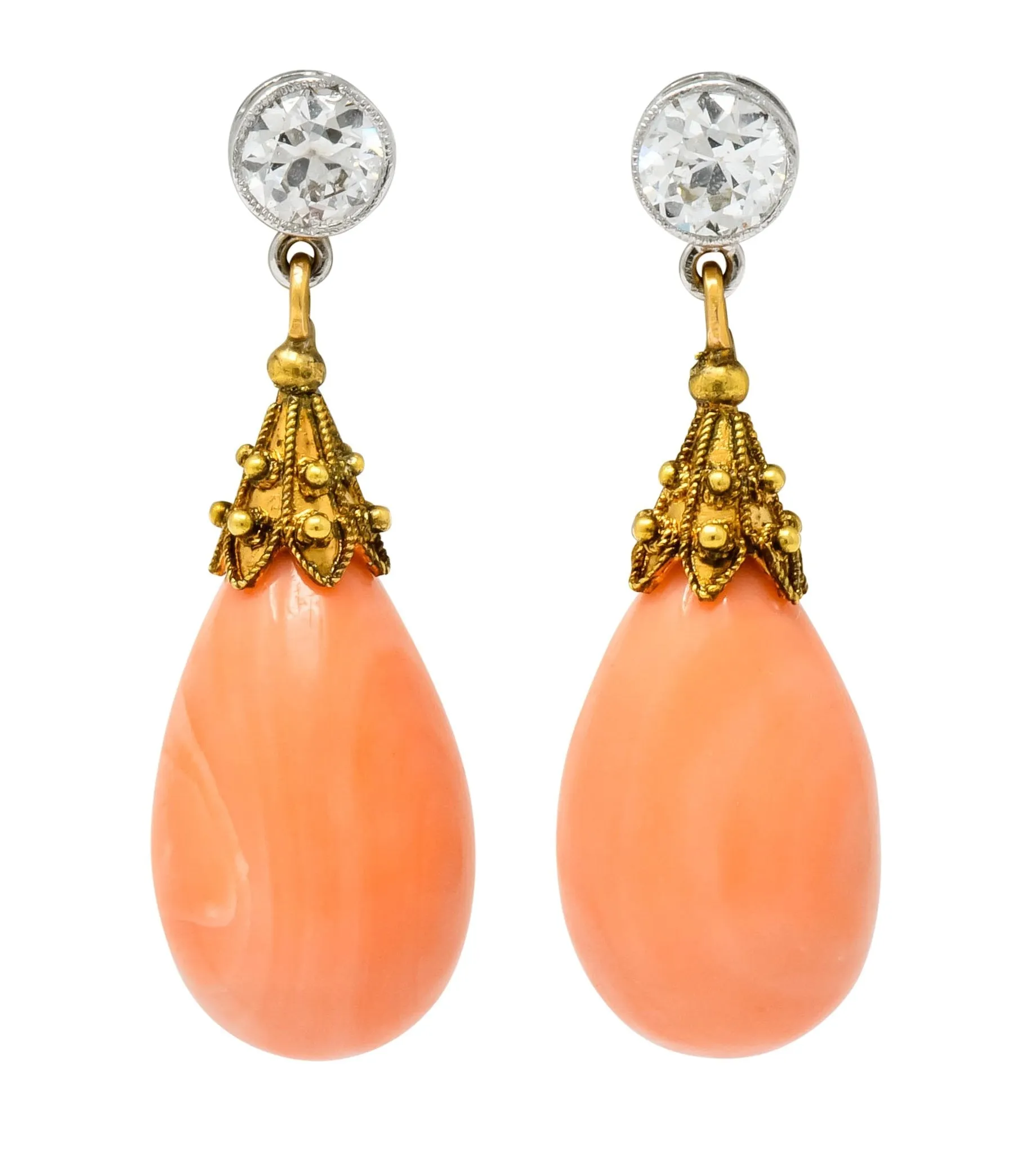 Victorian Diamond Coral Platinum 14 Karat Gold Drop Earrings