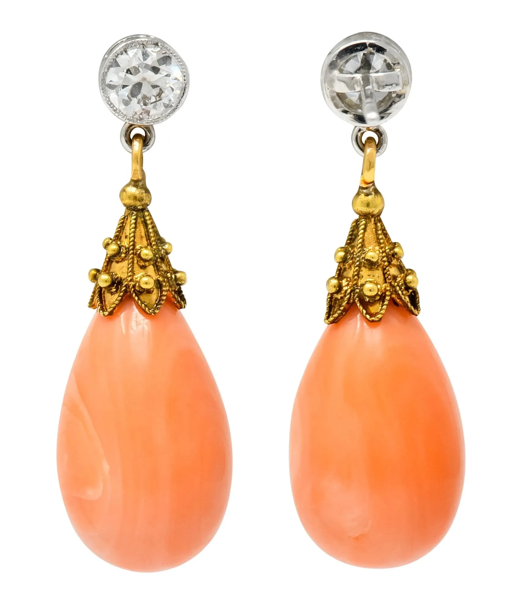 Victorian Diamond Coral Platinum 14 Karat Gold Drop Earrings