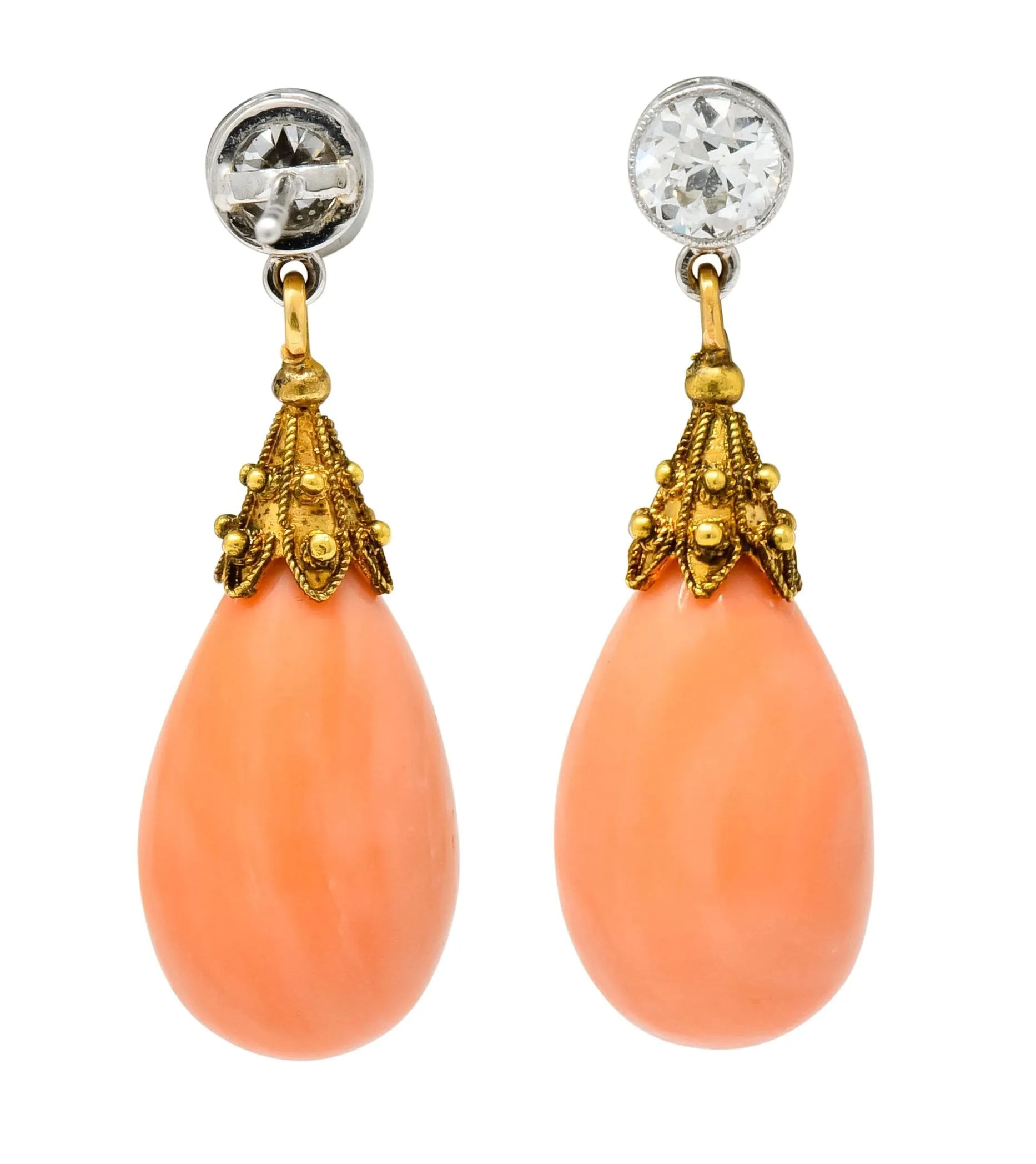 Victorian Diamond Coral Platinum 14 Karat Gold Drop Earrings