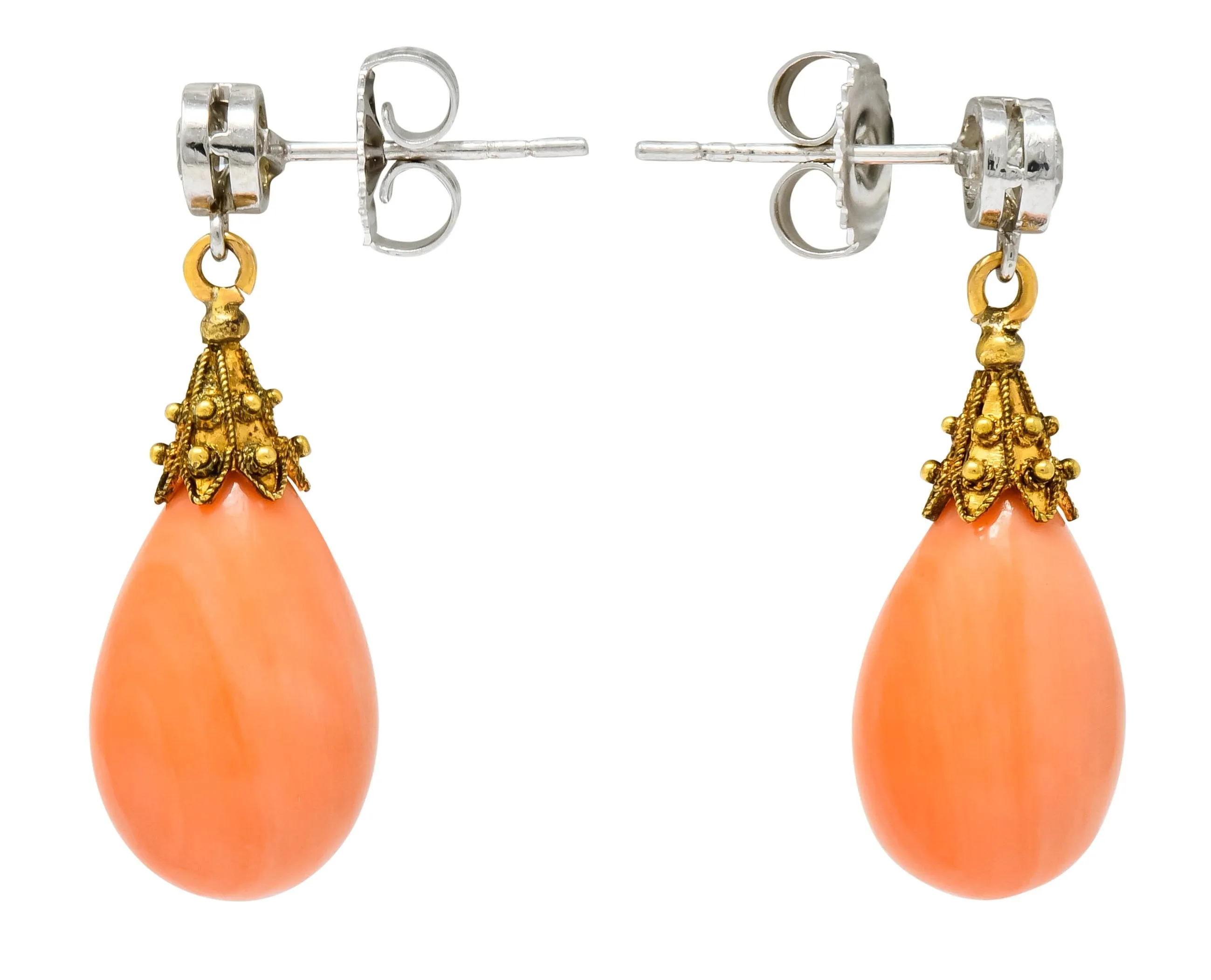 Victorian Diamond Coral Platinum 14 Karat Gold Drop Earrings