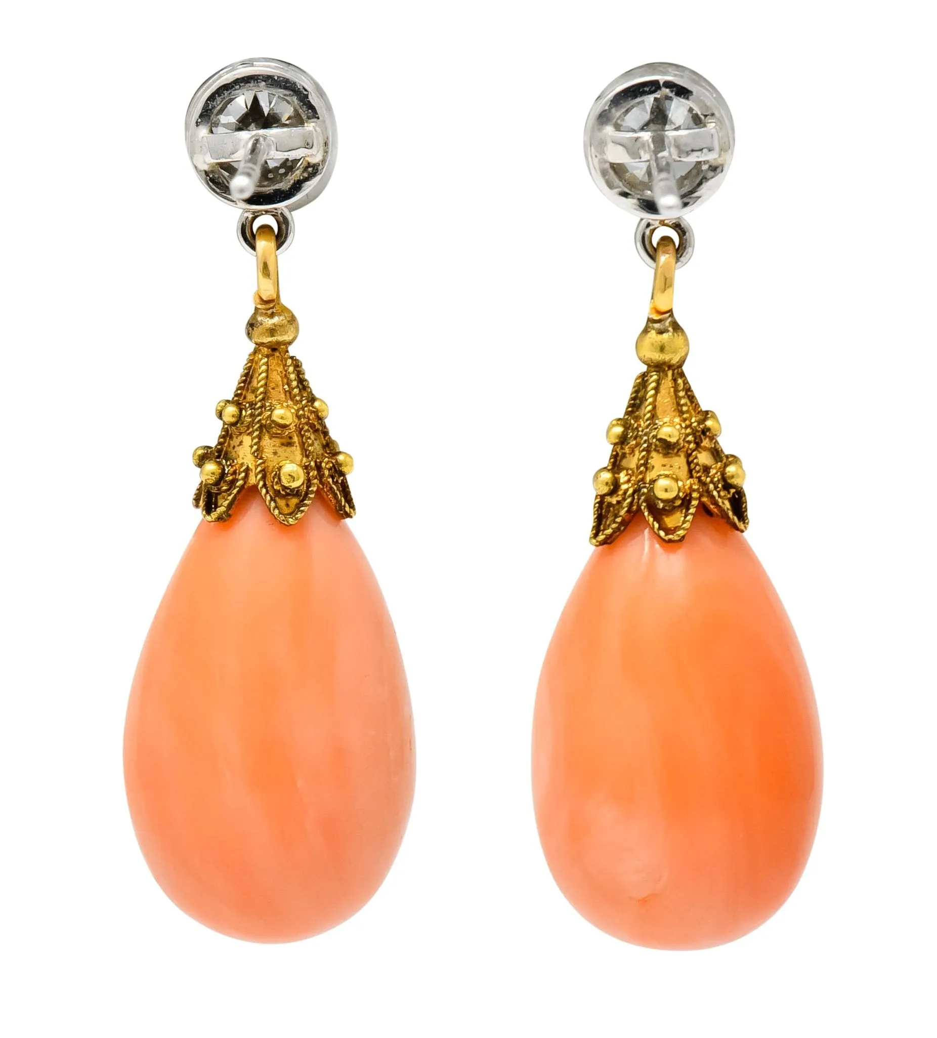 Victorian Diamond Coral Platinum 14 Karat Gold Drop Earrings