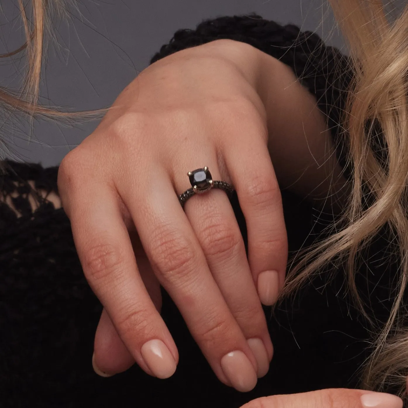 Vie En Noir  Unique  Natural Black & White Diamond Cushion Cut Engagement Ring