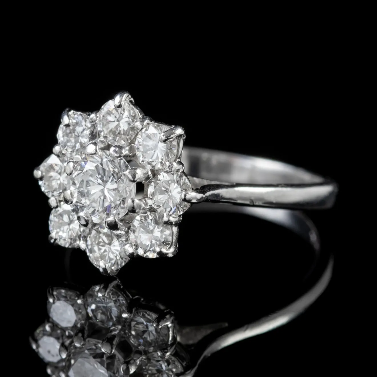 Vintage 1.50Ct Diamond Cluster Ring 18Ct White Gold Circa 1950
