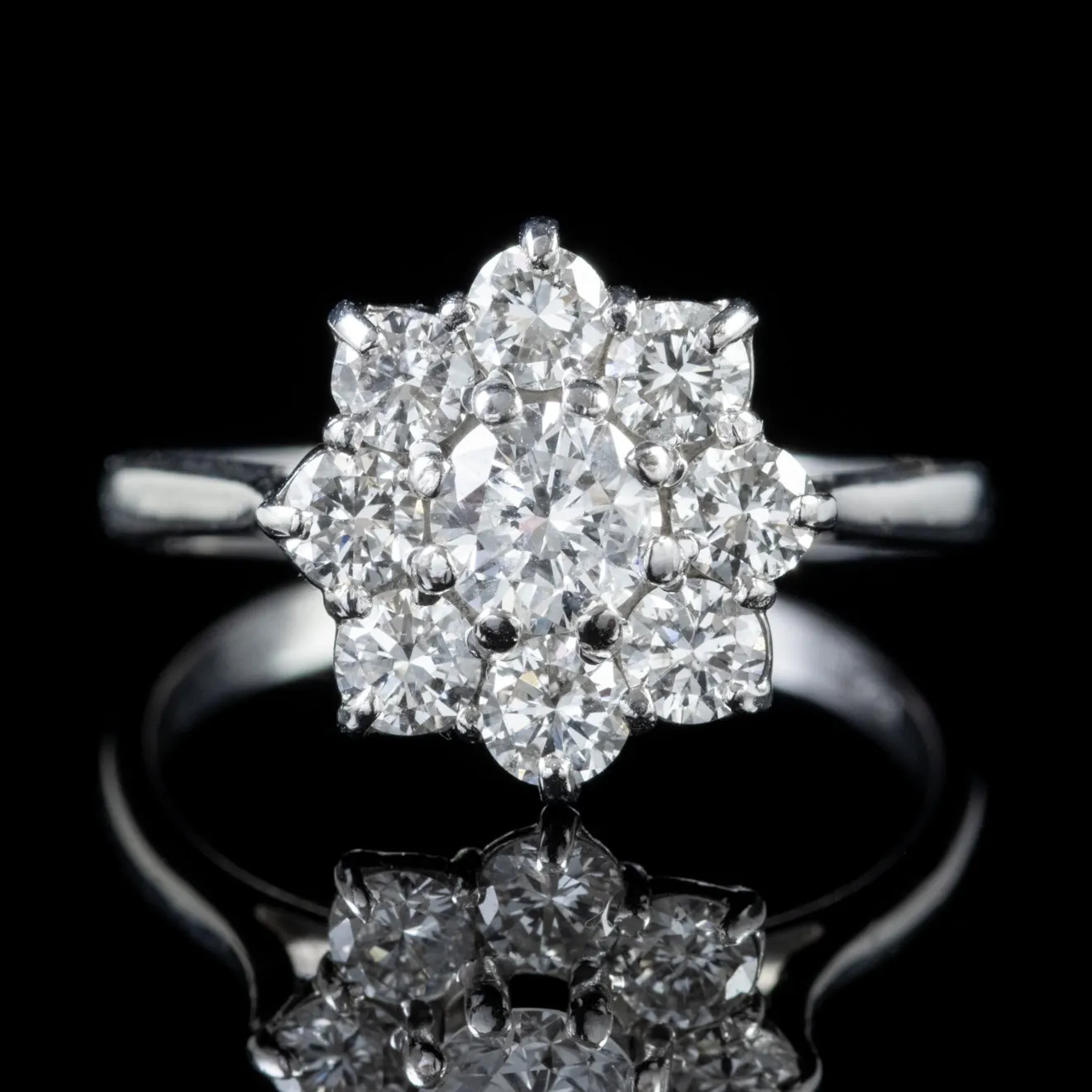 Vintage 1.50Ct Diamond Cluster Ring 18Ct White Gold Circa 1950