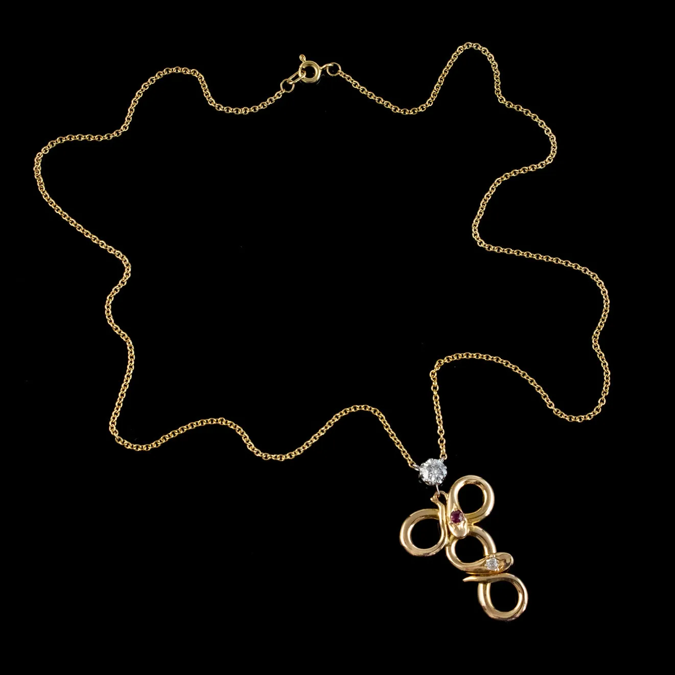 Vintage Diamond Ruby Snake Pendant Lavaliere Necklace 18Ct Gold