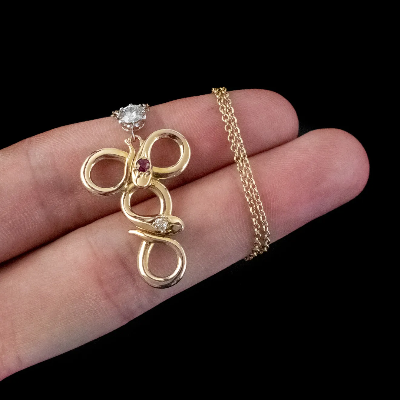 Vintage Diamond Ruby Snake Pendant Lavaliere Necklace 18Ct Gold
