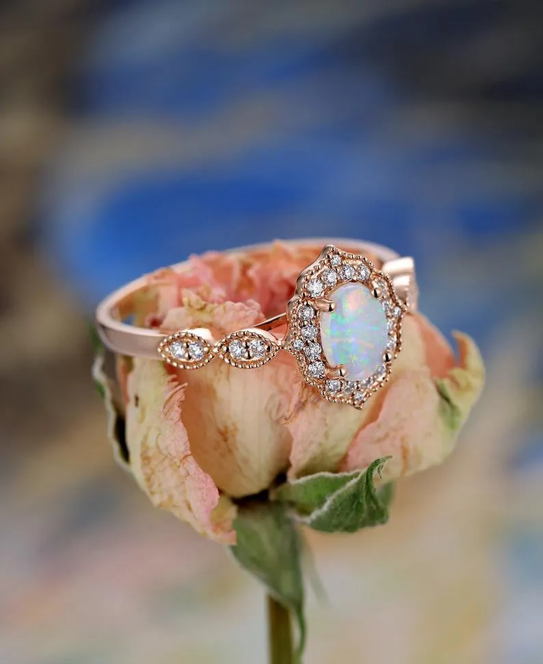 Vintage Floral Oval Cut Opal Engagement Ring Halo Rose Gold Marquise 1/4 Diamond Band