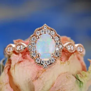 Vintage Floral Oval Cut Opal Engagement Ring Halo Rose Gold Marquise 1/4 Diamond Band