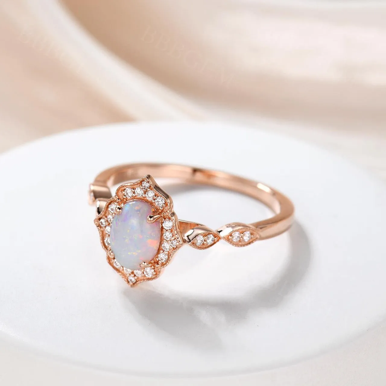 Vintage Floral Oval Cut Opal Engagement Ring Halo Rose Gold Marquise 1/4 Diamond Band