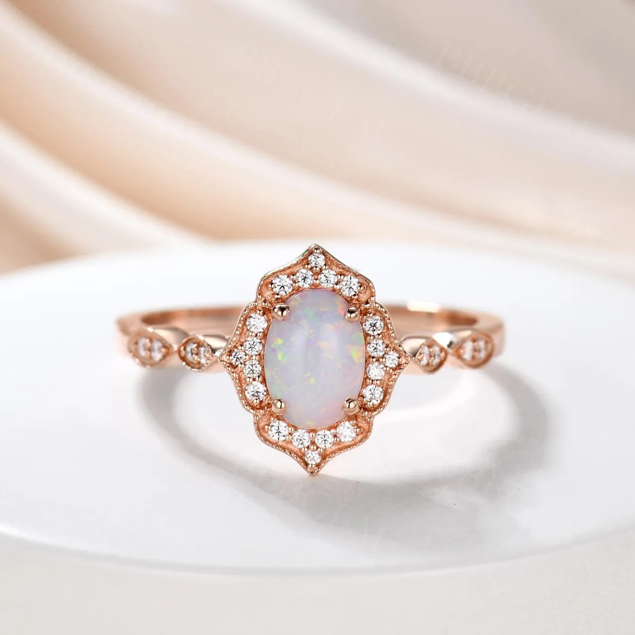 Vintage Floral Oval Cut Opal Engagement Ring Halo Rose Gold Marquise 1/4 Diamond Band