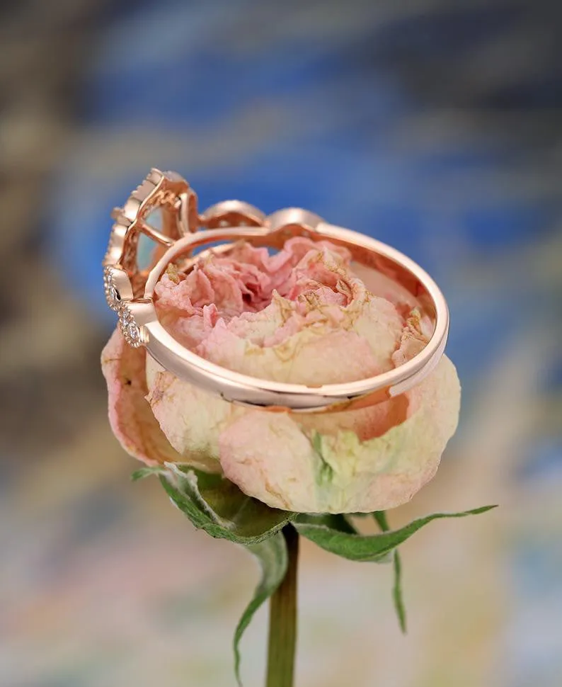 Vintage Floral Oval Cut Opal Engagement Ring Halo Rose Gold Marquise 1/4 Diamond Band