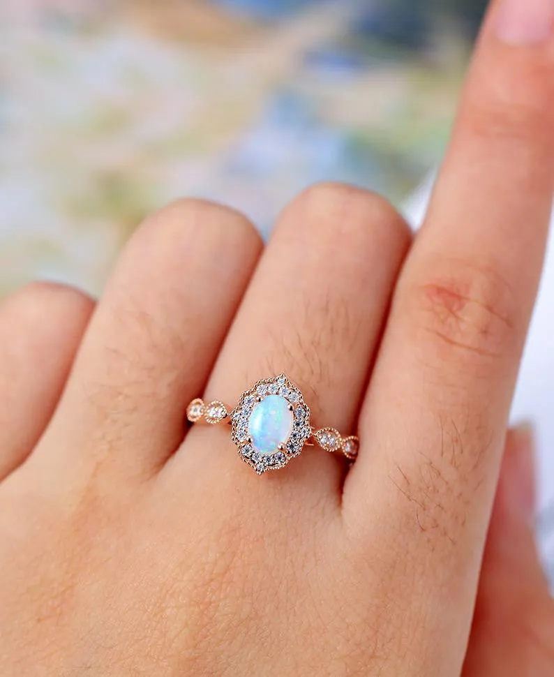 Vintage Floral Oval Cut Opal Engagement Ring Halo Rose Gold Marquise 1/4 Diamond Band
