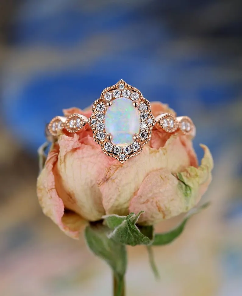 Vintage Floral Oval Cut Opal Engagement Ring Halo Rose Gold Marquise 1/4 Diamond Band