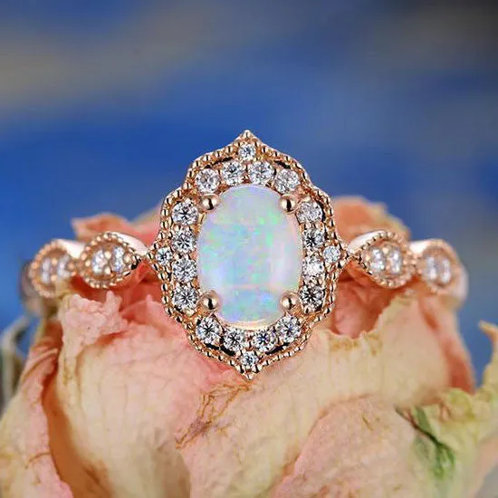 Vintage Floral Oval Cut Opal Engagement Ring Halo Rose Gold Marquise 1/4 Diamond Band