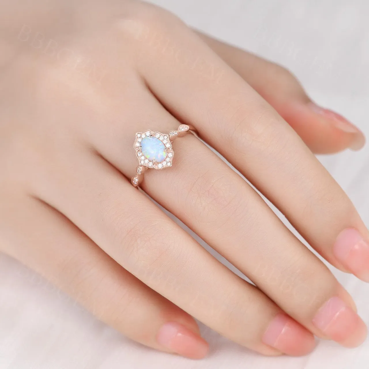 Vintage Floral Oval Cut Opal Engagement Ring Halo Rose Gold Marquise 1/4 Diamond Band