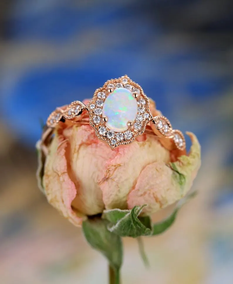 Vintage Floral Oval Cut Opal Engagement Ring Halo Rose Gold Marquise 1/4 Diamond Band