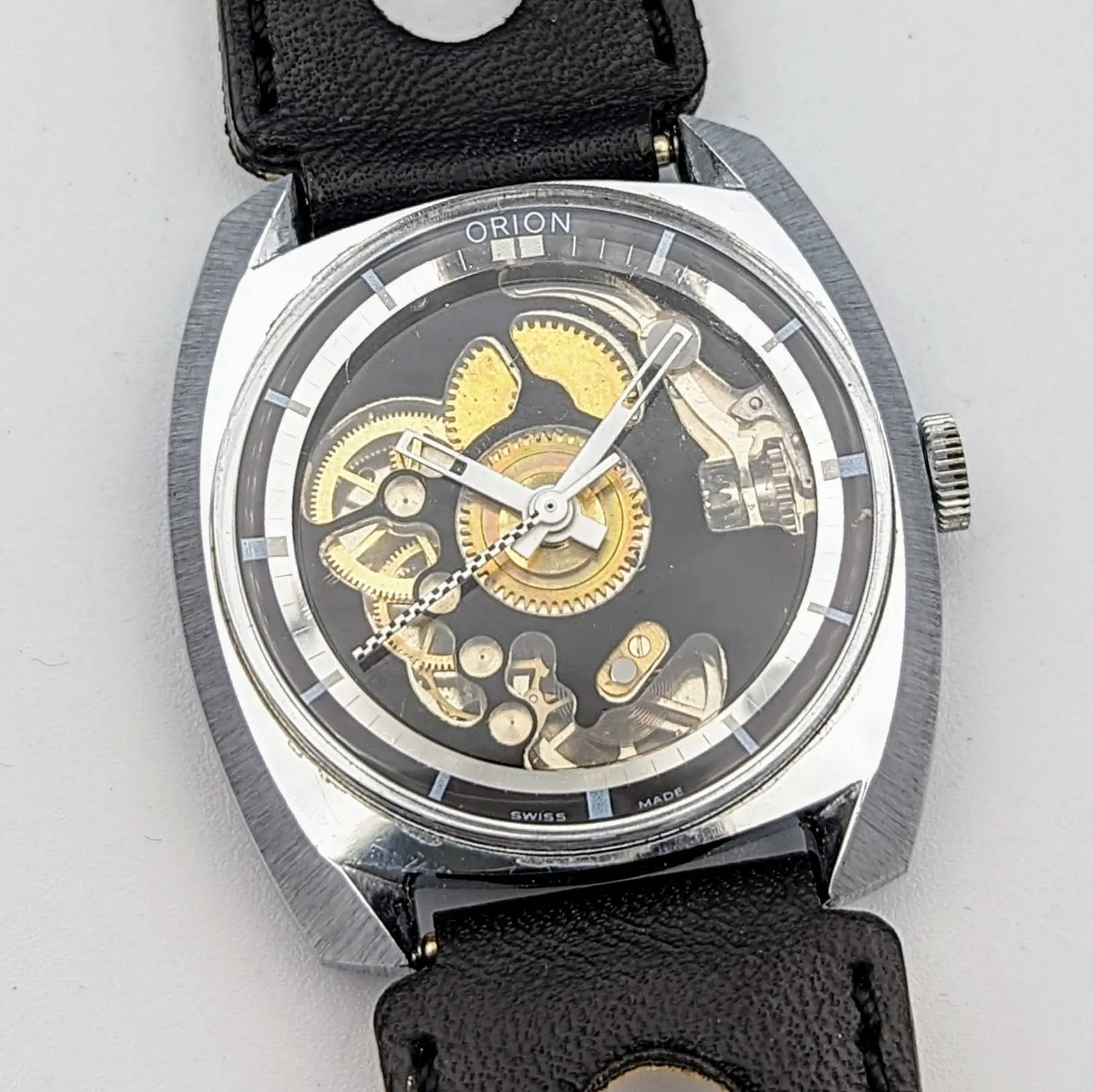 Vintage ORION Wristwatch Skeleton Design Watch Swiss Movement 1 Jewel Orig Strap