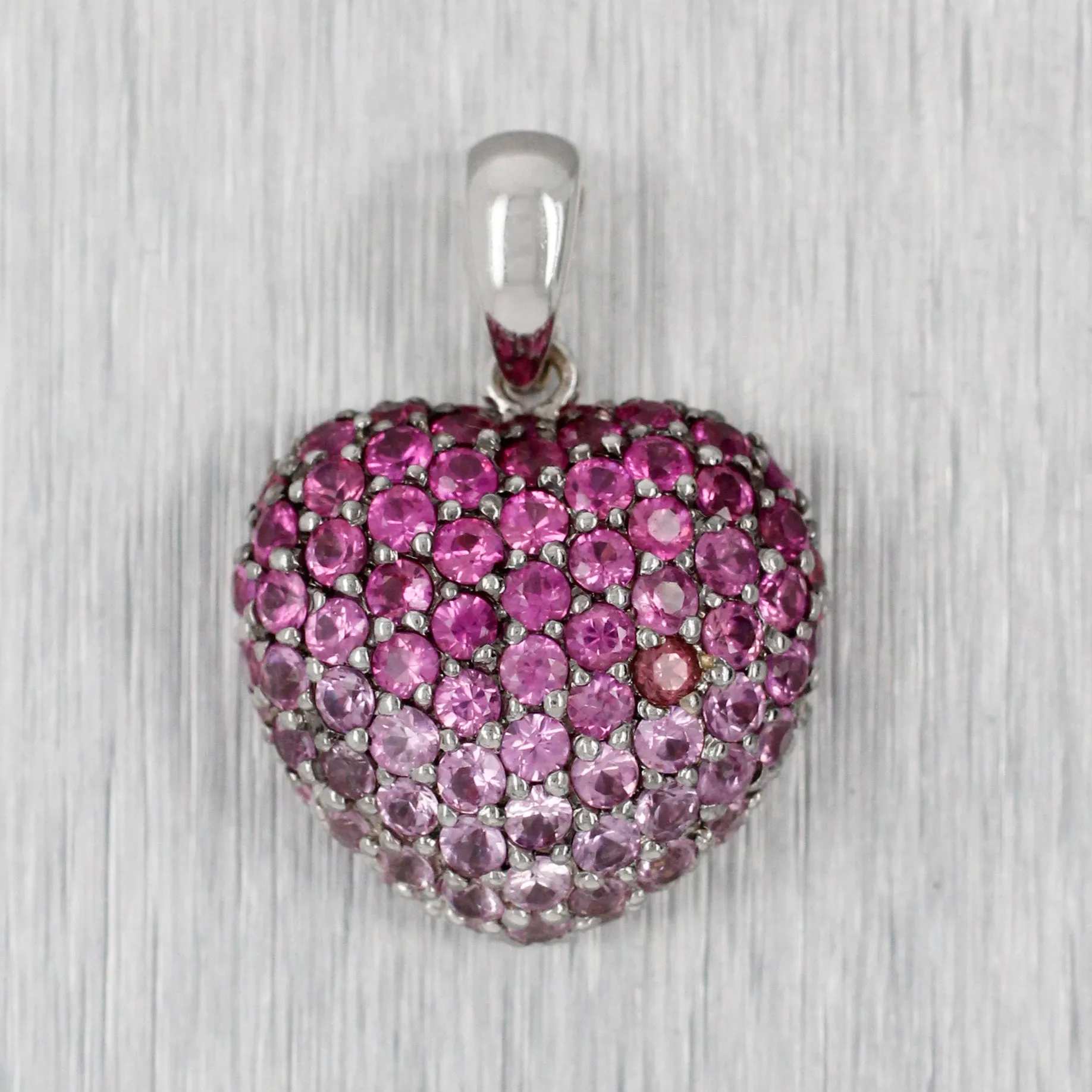 Vintage Pink Ruby Heart Charm Cluster Pendant - 14k White Gold