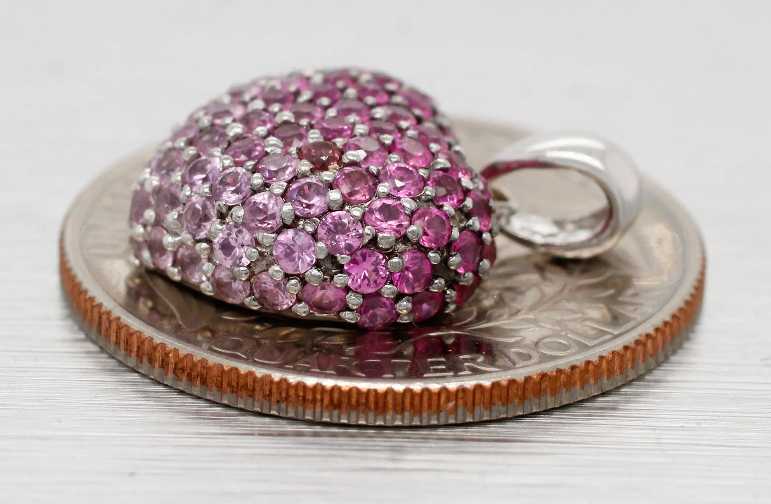 Vintage Pink Ruby Heart Charm Cluster Pendant - 14k White Gold