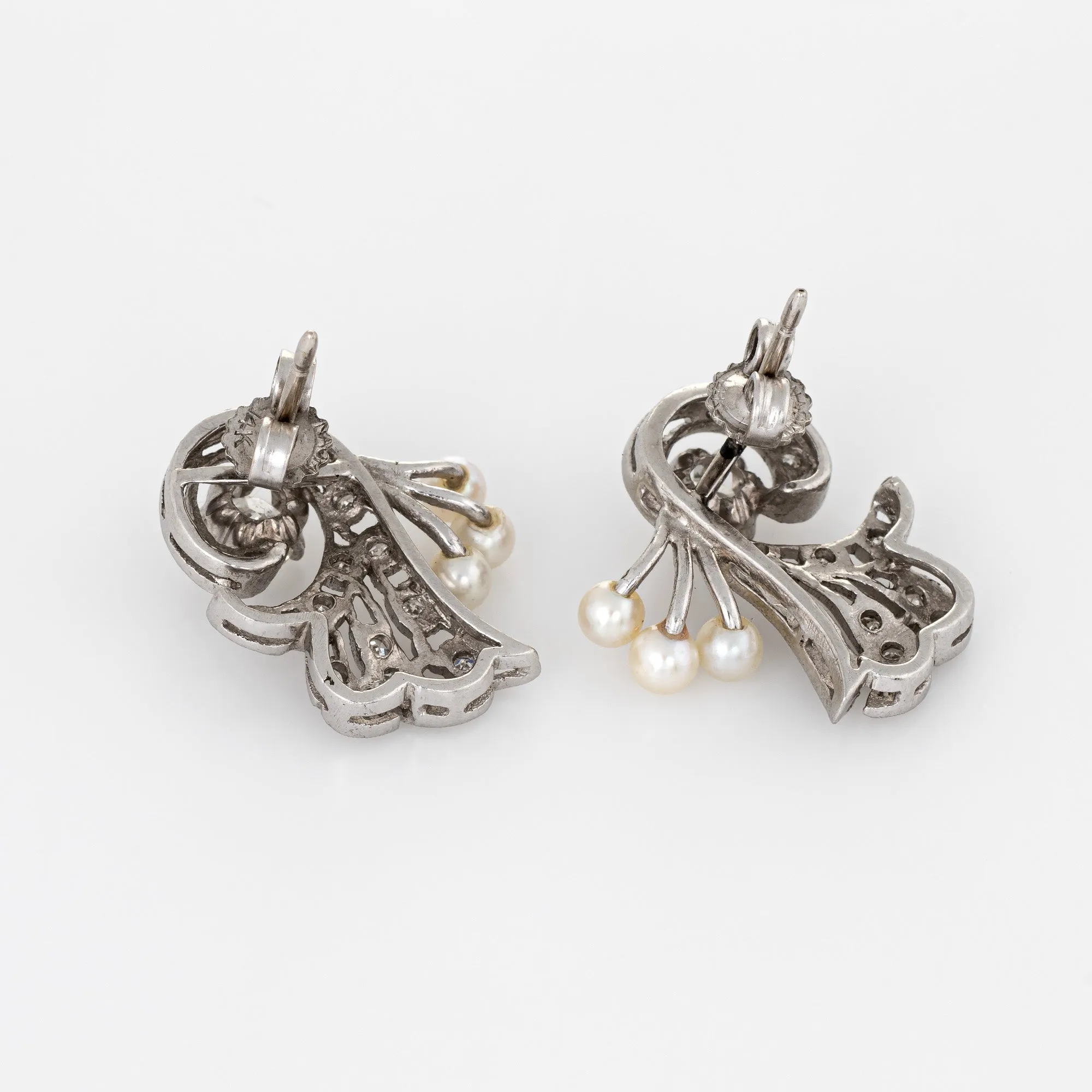 Vintage Platinum Diamond Pearl Spray Earrings Mid Century Estate Fine Jewelry