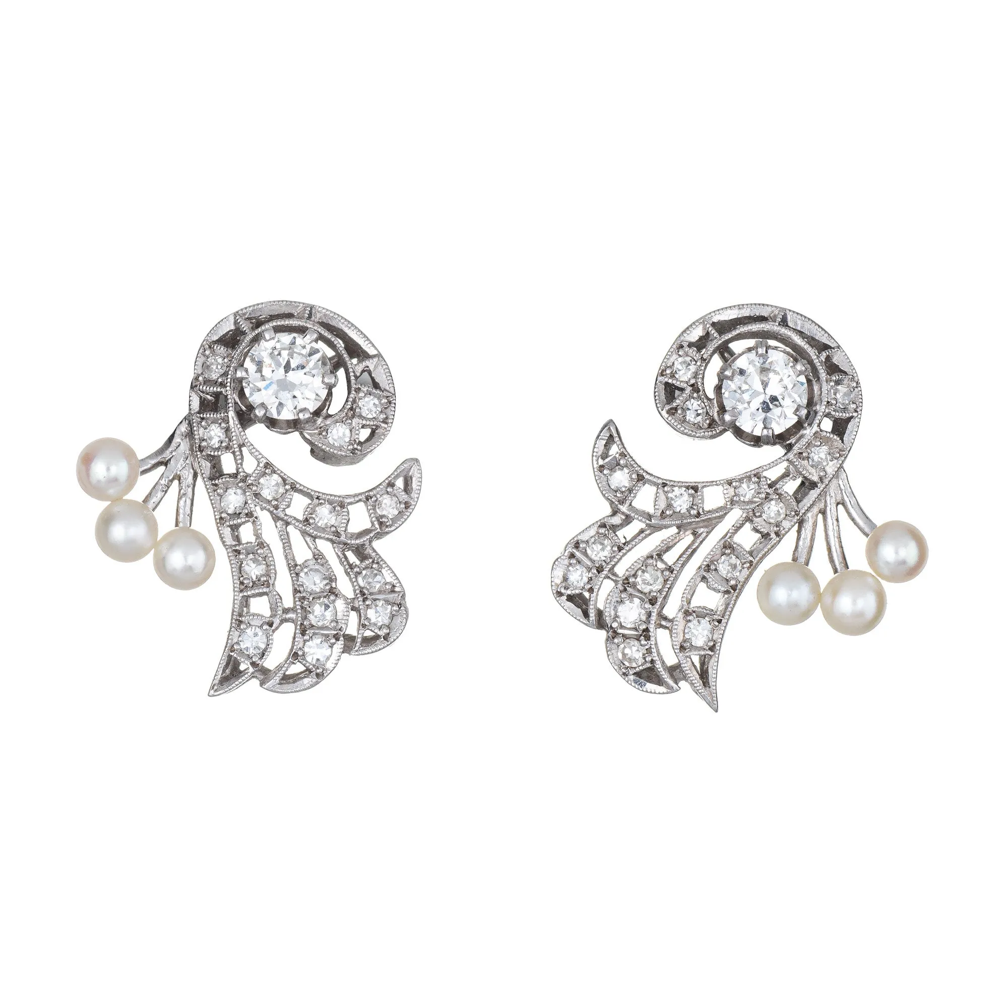 Vintage Platinum Diamond Pearl Spray Earrings Mid Century Estate Fine Jewelry
