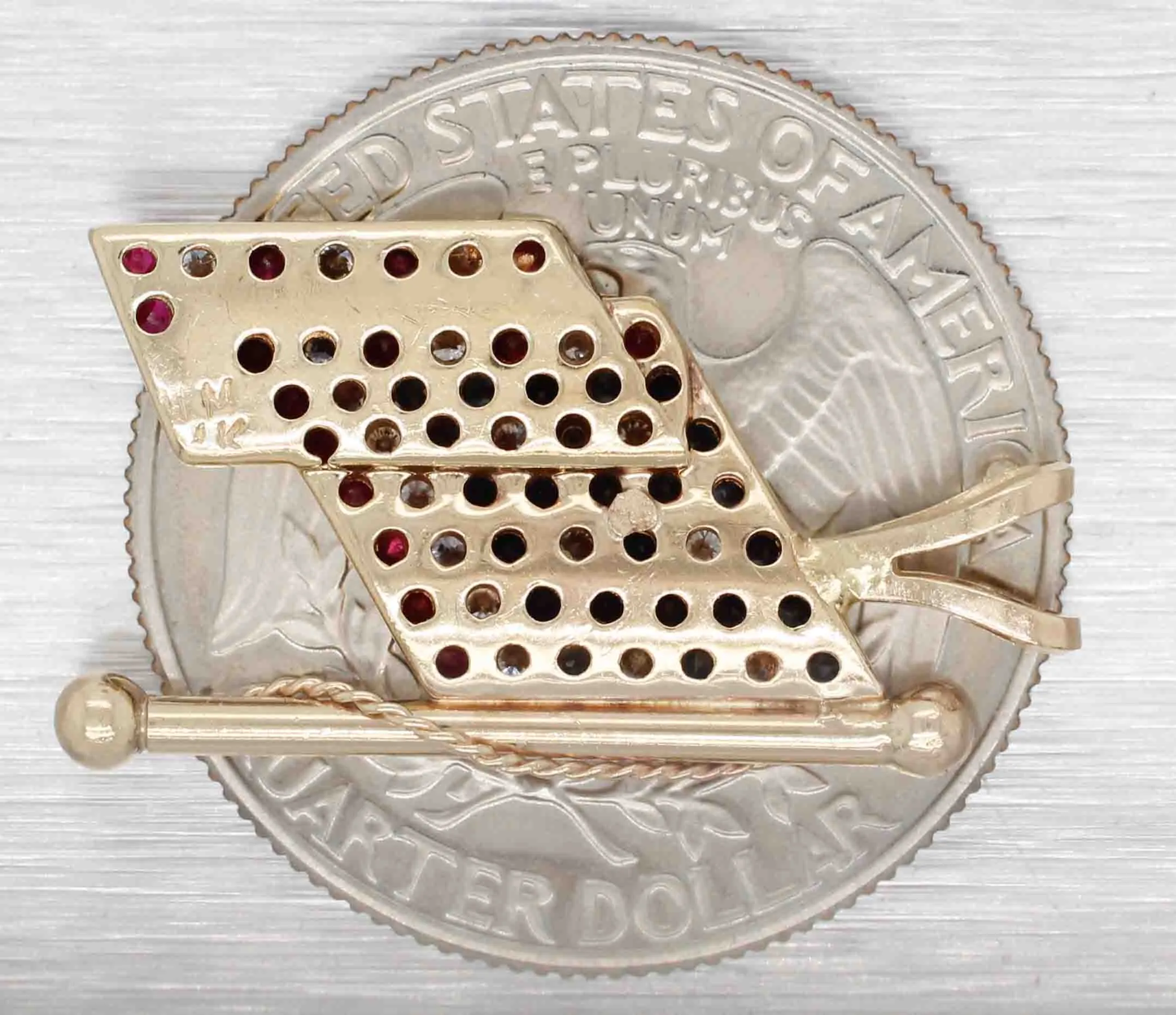 Vintage Ruby, Diamond, & Sapphire American Flag Charm - 14k Yellow Gold Pendant