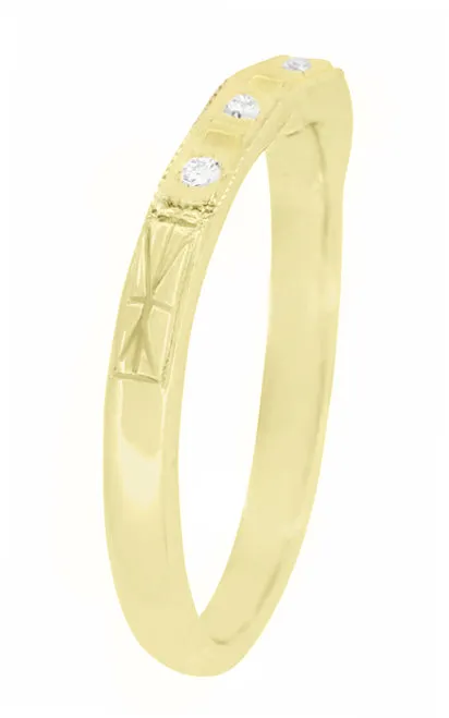 Vintage Style Art Deco Yellow Gold Carved Contoured Diamond Wedding Band