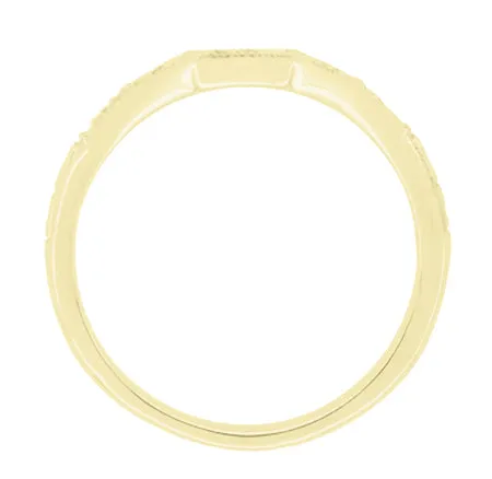 Vintage Style Art Deco Yellow Gold Carved Contoured Diamond Wedding Band